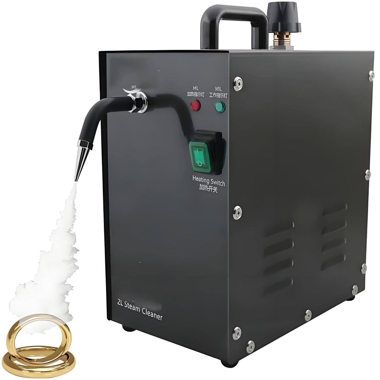 Limpiador Vapor Joyas 2L, 135°C Pro Oro/Plata Black | 1300W, calentamiento 8 min. Vapor alta presión limpia anillos, relojes, gafas & componentes. Acero inox.
