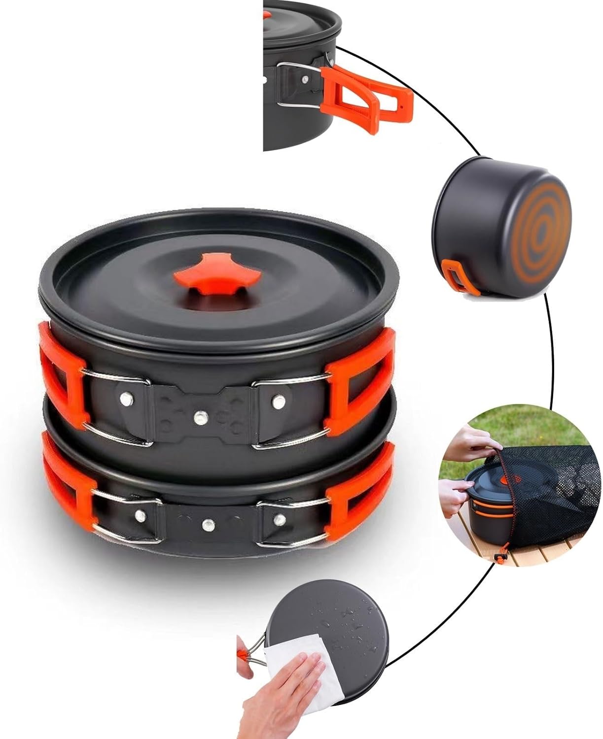 Stackable Camping Cookware Set, Portable Pots and Pans with Kettle, Non-Stick Aluminum Coating, Outdoor Cook Gear for Family Hiking, Picnic