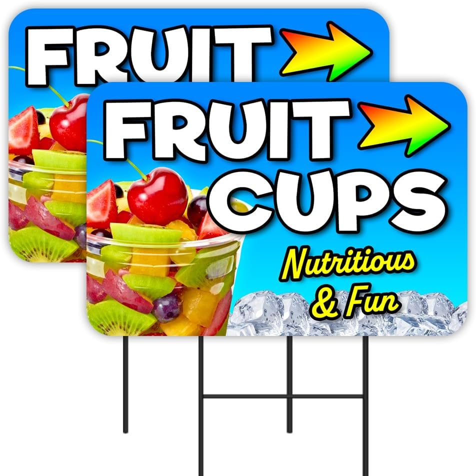 Fruit Cups 2 Pack Double-Sided Yard Signs 16" x 24" with Metal Stakes (Made in Texas)