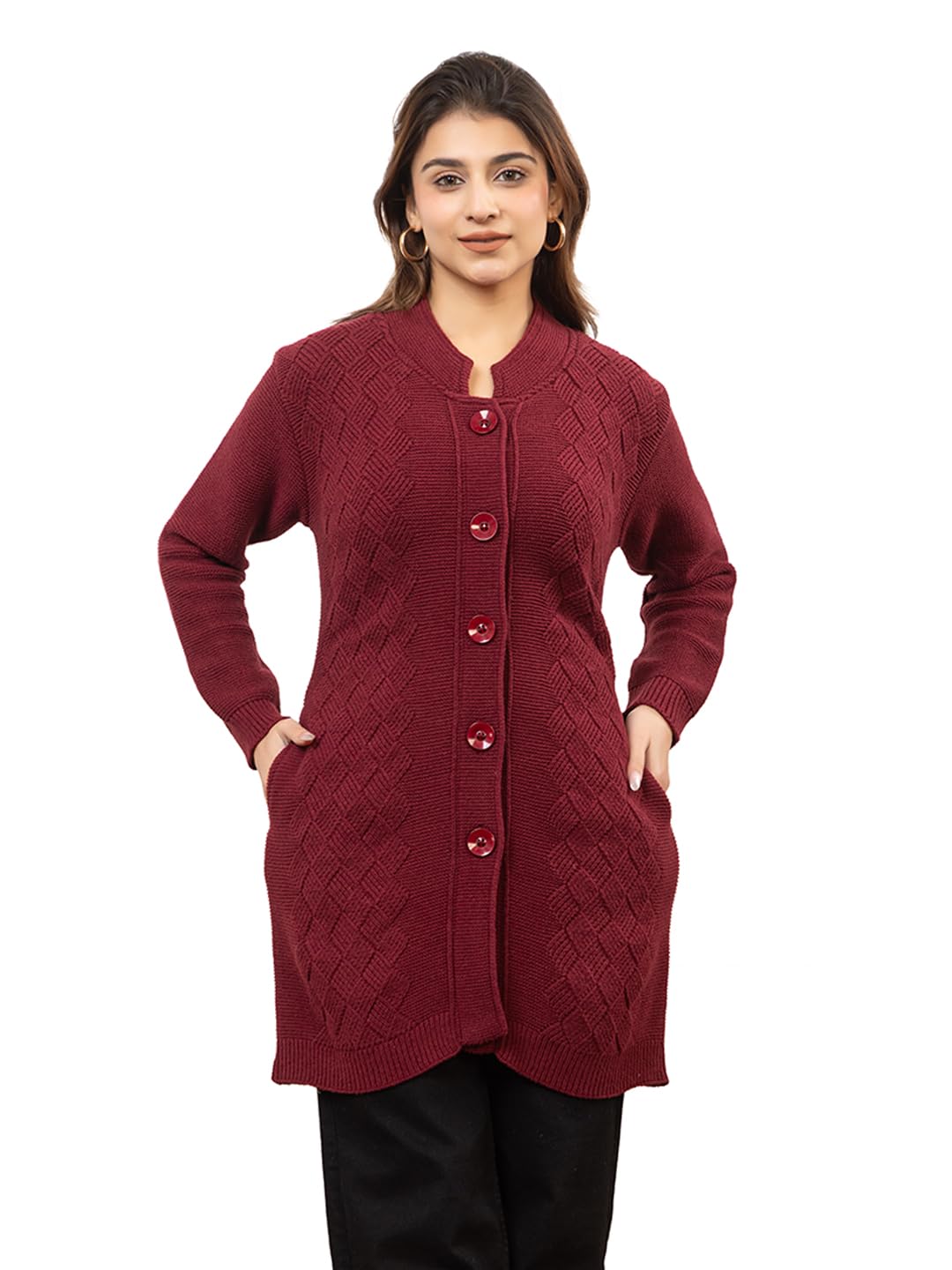 twenty me Women's Open Front Longline Knit Cardigan Sweater Soft and Warm Cardigan with Side Pockets Casual & Lightweight Cover-Up (4658-Maroon)-picture-23