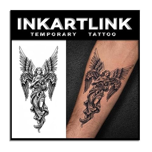 INKARTLINK Tattoo Tech, 2 Sheets Medium Semi Permanent Tattoo, Adult Art Design Temporary Tattoos, Lasts 1-2 Weeks, Waterproof, Realistic Look, No Reflection (Guardian Angel)