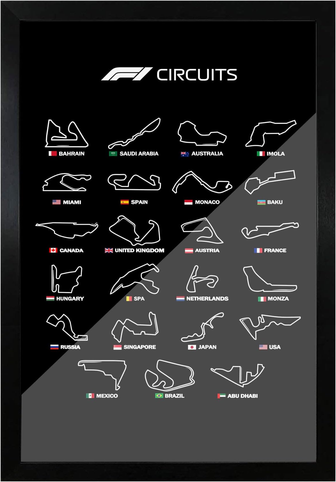 FRAMEO STORE Formula 1 circuits glass framed poster, F1 circuits wall art poster (A3 size - 12 X 18 Inches)