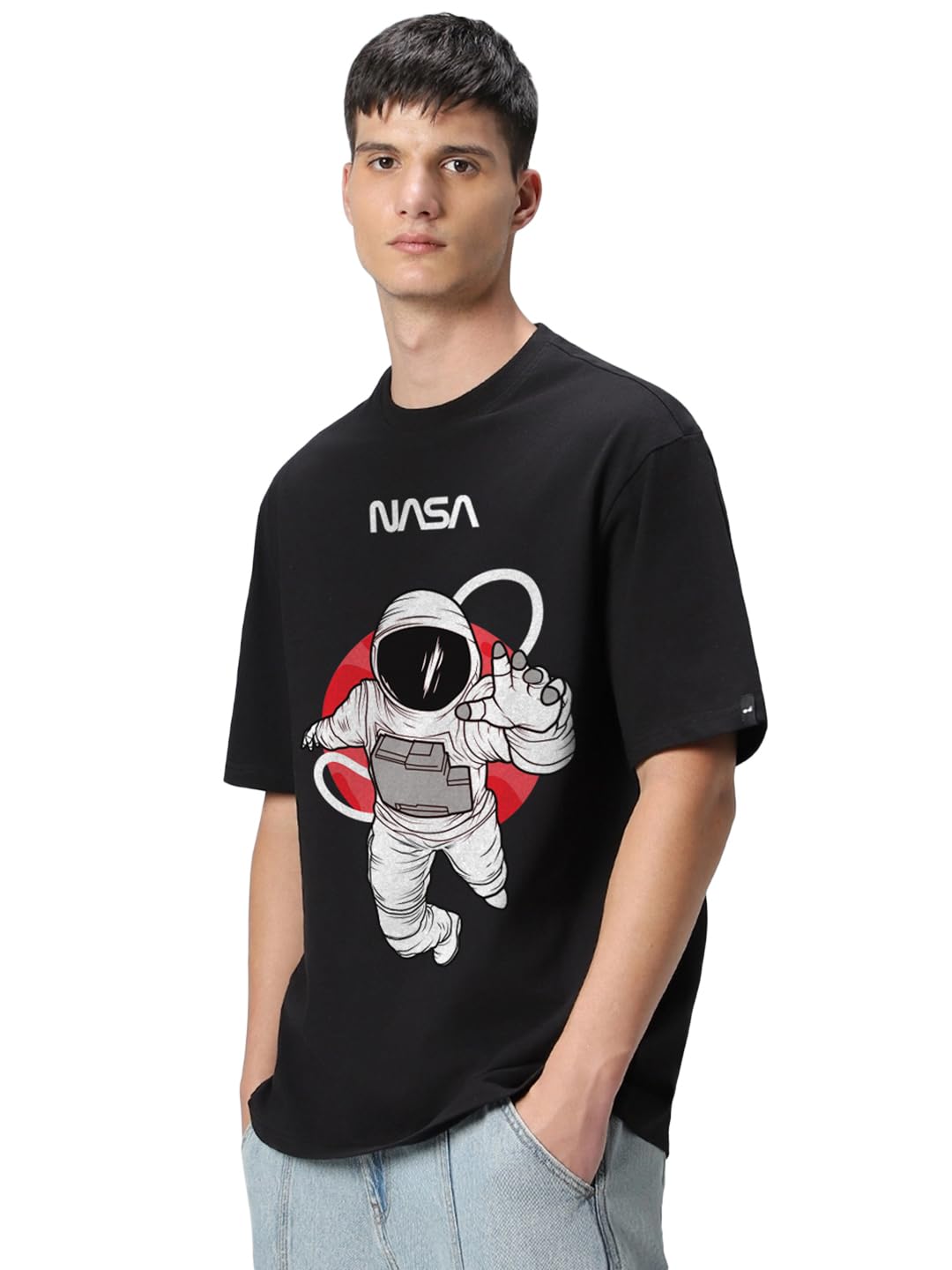 Bewakoof Official NASA Merchandise Men's 100% Cotton 220 GSM Graphic Print Oversized Fit Round Neck T-Shirt