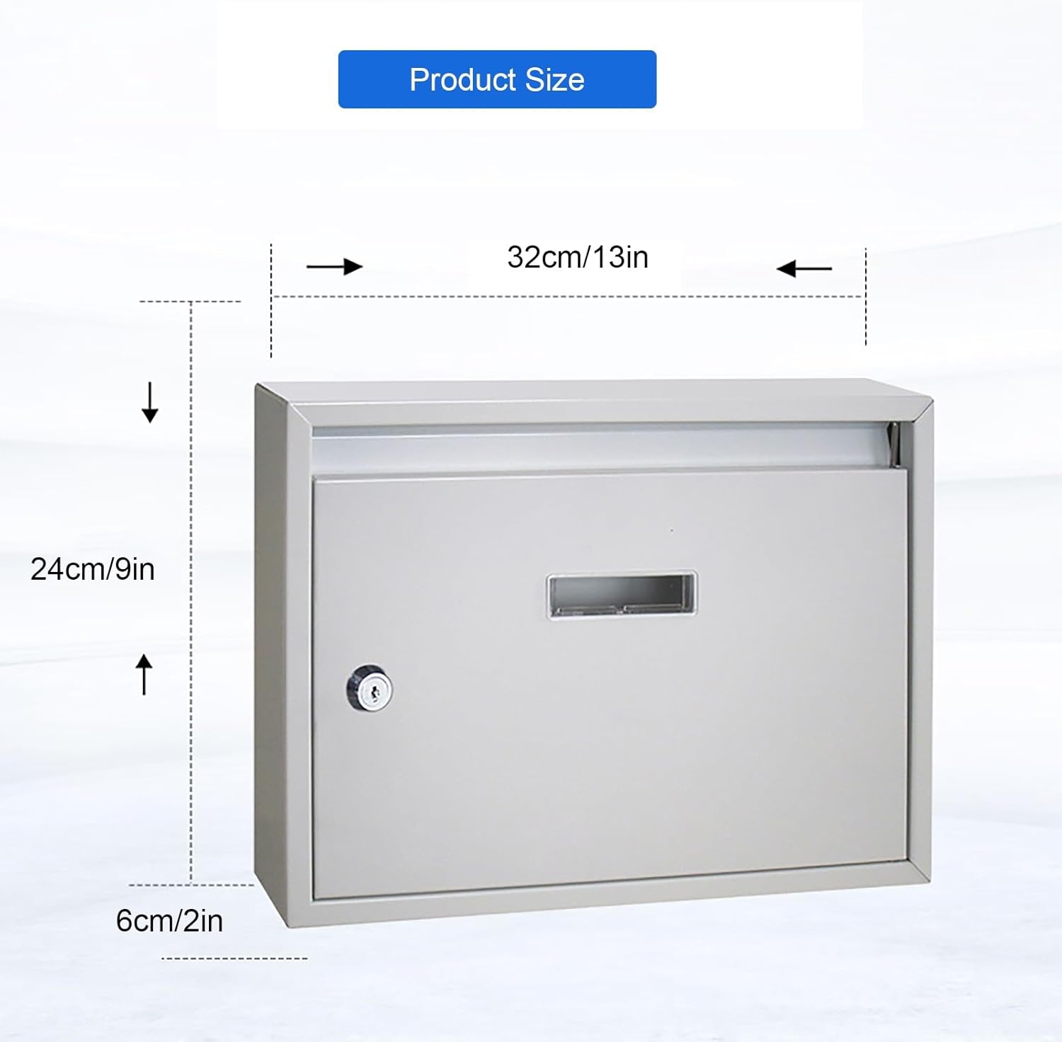Wall Mount Mailbox with Key Lock, Locking Mailboxes for Outside with View Window, Galvanized Steel Metal Drop Box for Letters, Cards, 13x2x9in(Silver)