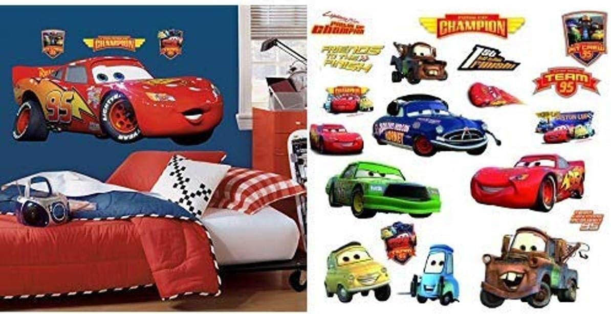RoomMates Disney Pixar Cars Lightening McQueen Peel and Stick Giant Wall Decal and RoomMates Disney Pixar Cars - Piston Cup Champs Peel and Stick Wall Decal