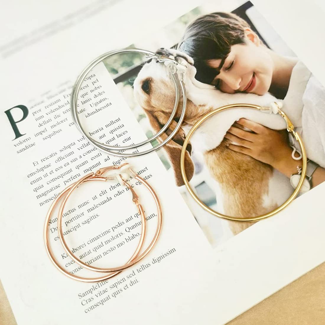 3 Paia Di Clip Per Orecchie Non Forate, Cerchi Grandi 6 Cm, Ipoallergenici, Oro Rosa, Argento E Oro