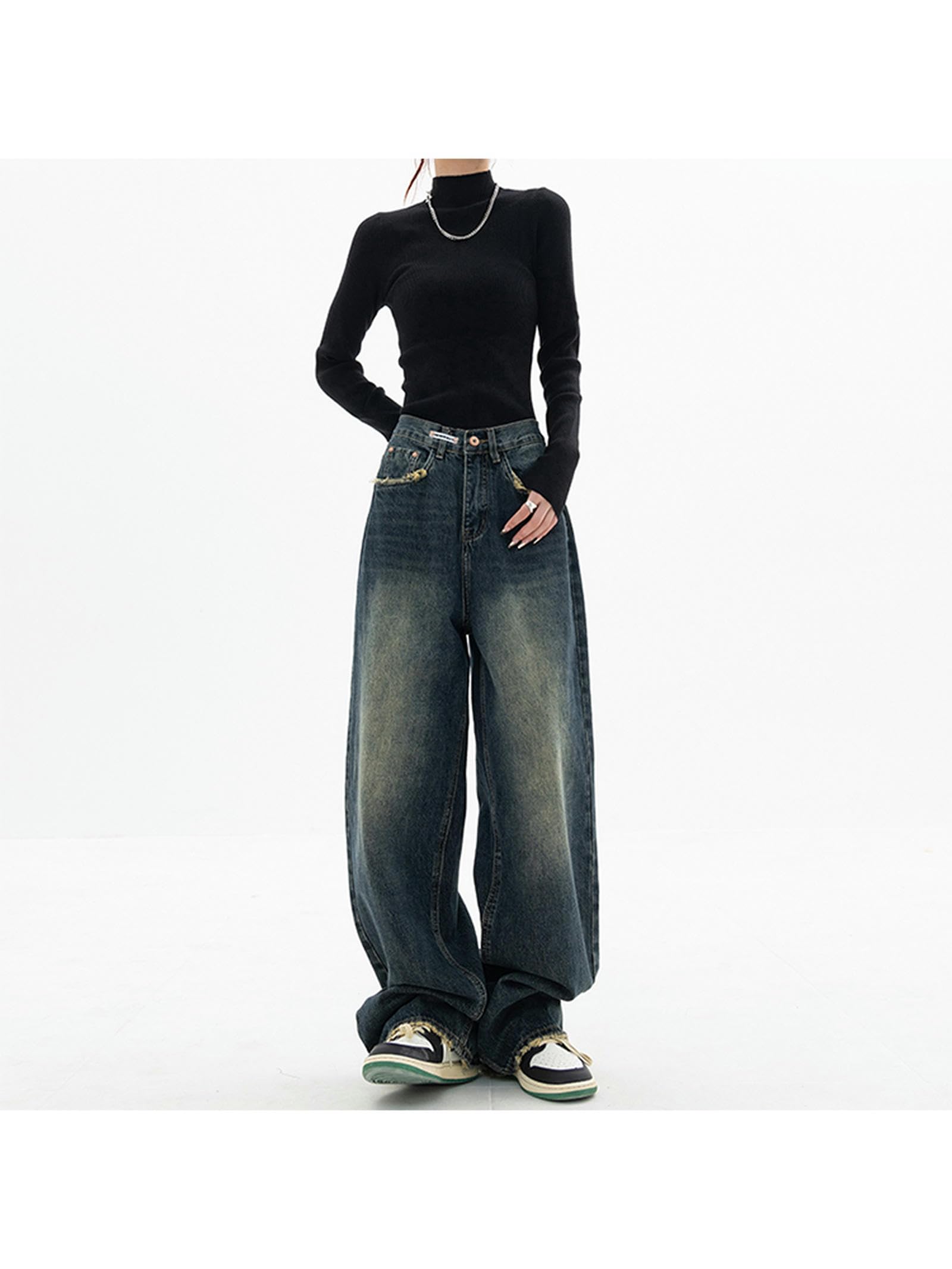 Moda Americana Streetwear Jeans a Gamba Larga Pantaloni di Jeans Femminili Pantaloni di Jeans Larghi Jeans Vintage Blu a Vita Alta da Donna Y2K-Blu Profondo-M