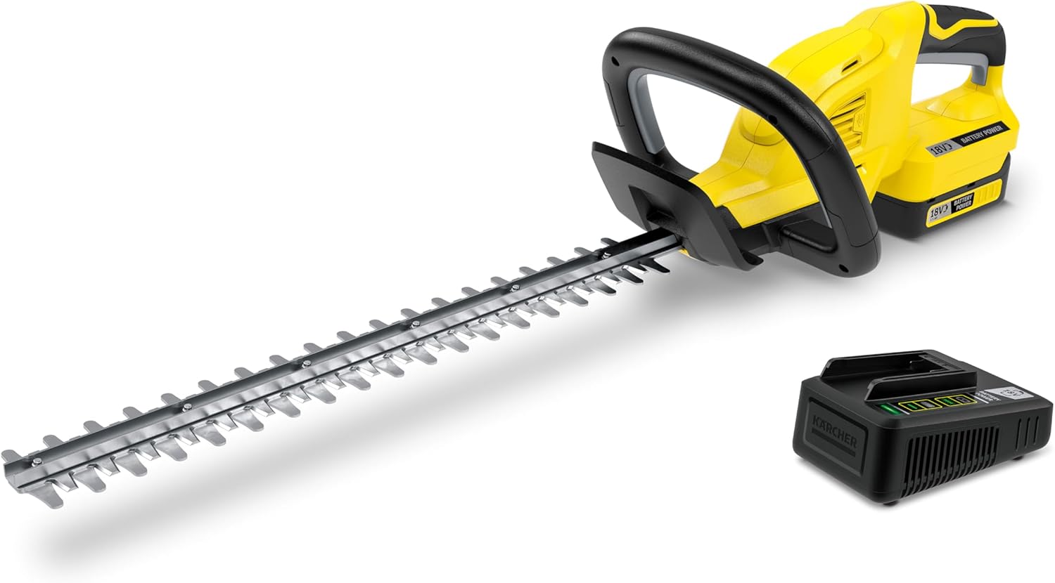 Kärcher Hedge Trimmer HGE 18-45, Cutting Length 17 in., Diamond-Ground Blade, Rotating Handle with Battery Power 18/50, 18 V Battery with 5.0 Ah Intelligent Cell Monitoring, LCD Display
