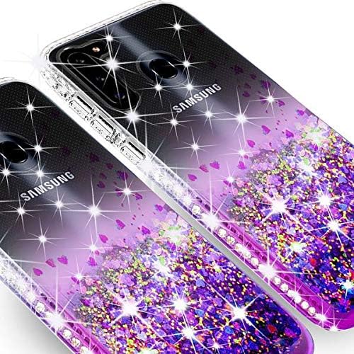 Galaxy A11 Case w/Tempered Glass Screen Protector Liquid Quicksand Glitter Cute Bling Girls Women Shock Proof Phone Cases Compatible for Samsung Galaxy A11 Case - Clear/Purple