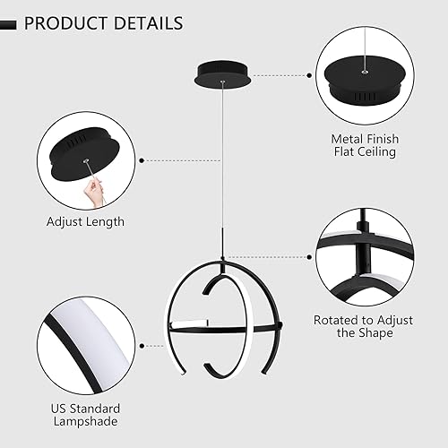 Miniatura 3 de Moderno candelabro LED negro, lámpara colgante de globo de 4000 K, lámpara colgante redonda de altura ajustable para comedor, para cocina, isla,