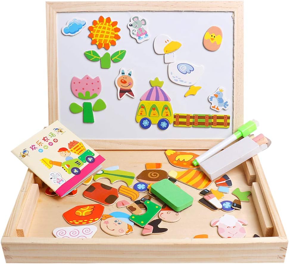 Skrtuan Wooden Educational Toys Magnetic Puzzles for Kids Wooden Art Easel Double Side Educational Learning Games for Boys Girls Children