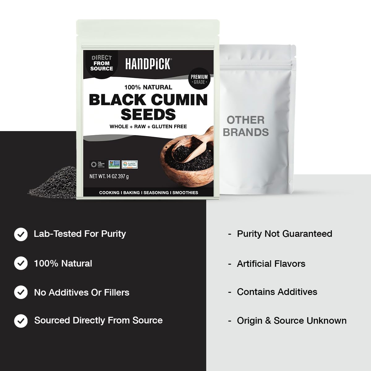 HANDPICK Black Cumin Seed (14oz) Pure Nigella Seeds - No Salt or Preservatives, Non GMO | Indian Black Whole Cumin | Gluten Free, Aromatic & Farm Fresh Kalonji | Resealable Zip Lock Pouch