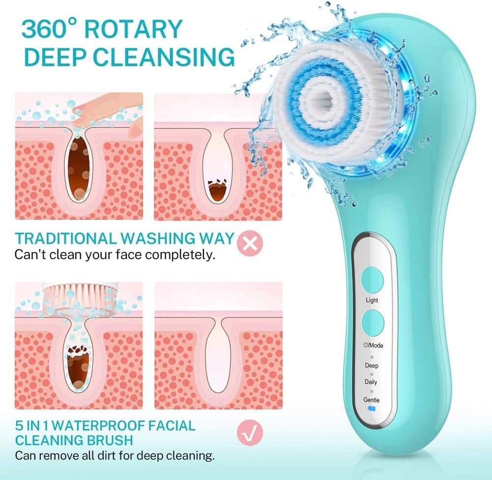 -Cepillo Facial Eléctrico, Cepillo De Limpieza Facial, Cepillo Giratorio De Luz Roja/Azul, Cepillo Limpiador A Prueba De Agua, Cabezal De 5 Cepillos para Exfoliar, Masajear, Eliminar Punt
