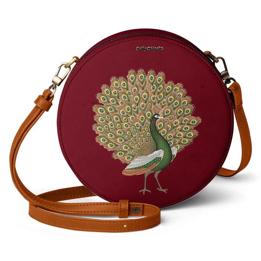 DailyObjects Printed Orbis Round Sling Crossbody Bag For Women| Stylish Maroon Peacocking Print Vegan Leather Purse With Slip Pocket Inside| Zip Closure & Adjustable Strap| Storage Space For Essential (B082KFNL38) Amazon Price History, Amazon Price Tracker