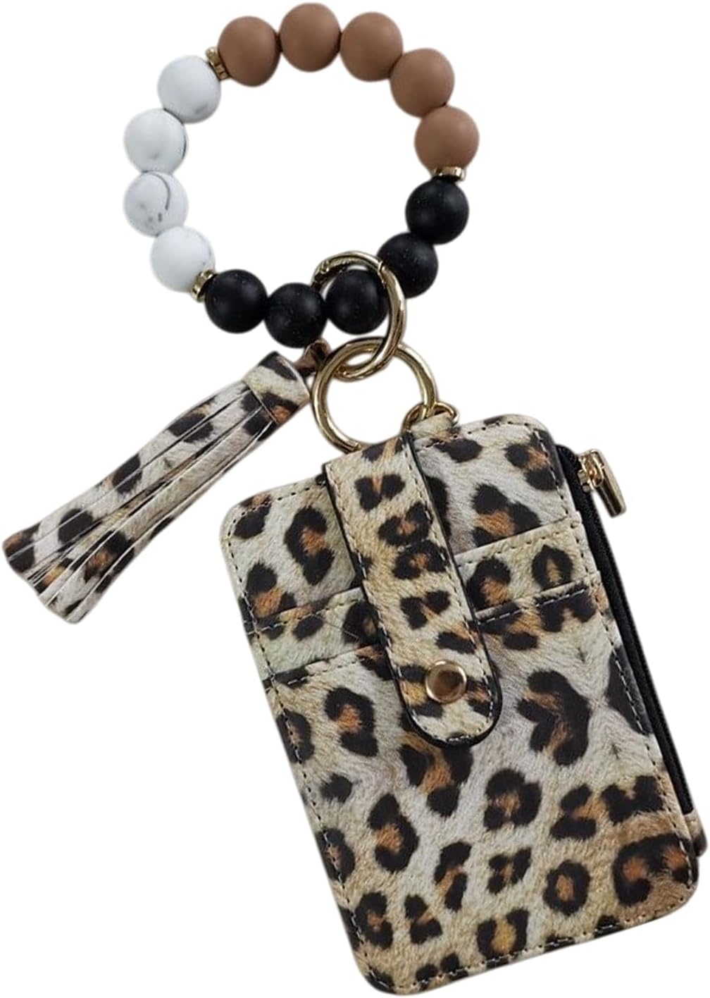 Leopard Print Keychain Beaded Wristlet Wallet Card Holder with Tassel