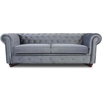 Sofnet Chesterfield Asti 3-Seater Sofa (Grey, Velvet 10) | Couch set, upholstered sofa, glamour design, velour fabric, wooden
