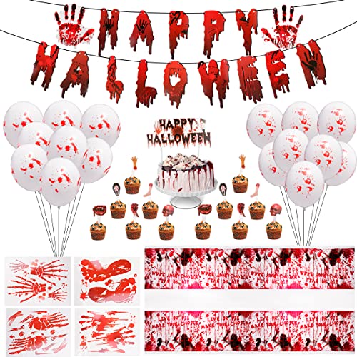 Horror Halloween Party Decorations Kit, Hanhan 35Pcs Halloween Themed Party Favors Supplies With Scary Happy Halloween Balloons Banner Stickers Cake Sockets Tablecloth For Adults Boy Girl Indoor Gifts #TOP5