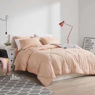 Comfort Spaces Vince Reversible Bed In A Bag - Trendy Casual Geometric Quilted Cover, All Season Down Alternative Cozy Bedding, Matching Sham, Queen, Reversible Coral/Gray 9 piece