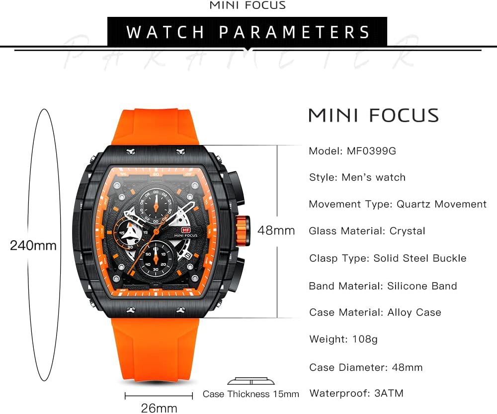 MF MINI FOCUS Watch for Men Wristwatch Fashion Hollow Big Dial Luminous Waterproof Sport Analog Quartz Business Chronograph Mens Watches Blue Silicon Strap Dress Watch(Orange) - Image 6