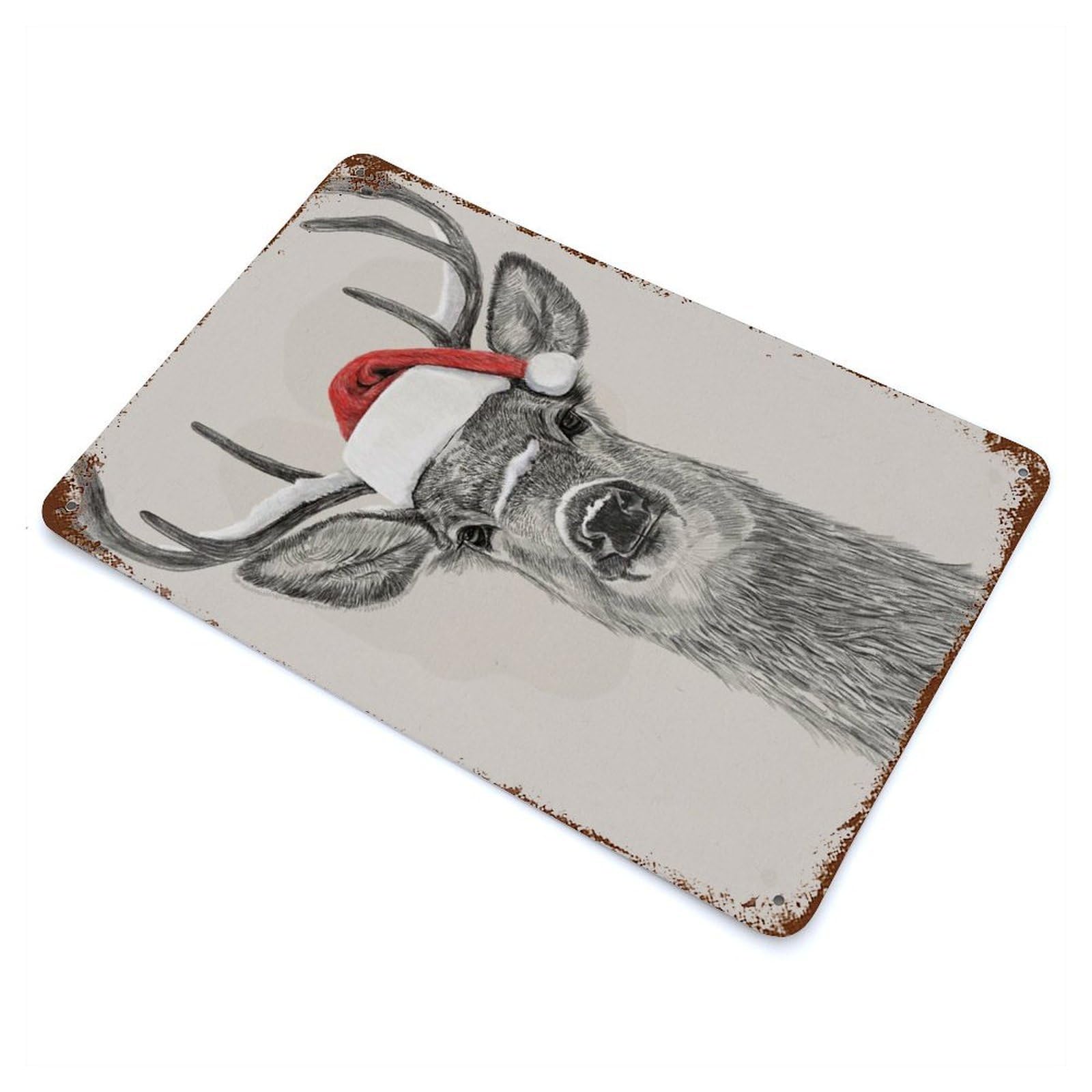 Decorative Tin Sign with Christmas Deer Portrait with Santa Hat Design 11.8"x7.9", for Garage, Bar And Workshop Decor, Decorative Metal Wall Art