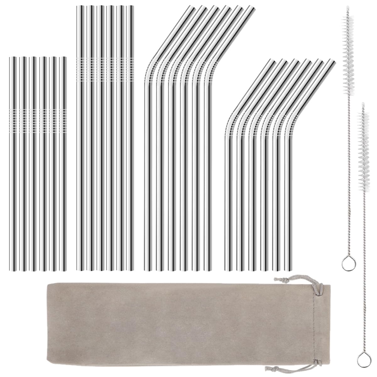 Cannucce Riutilizzabili In Acciaio Inossidabile,4 Pezzi Lunghe Cannucce in Metallo con 1 Spazzola per Pulizia per Frullati,Frappè,Cocktail e Bevande Calde(2 Dritte+2 Curve+1 Scovolini)31cm