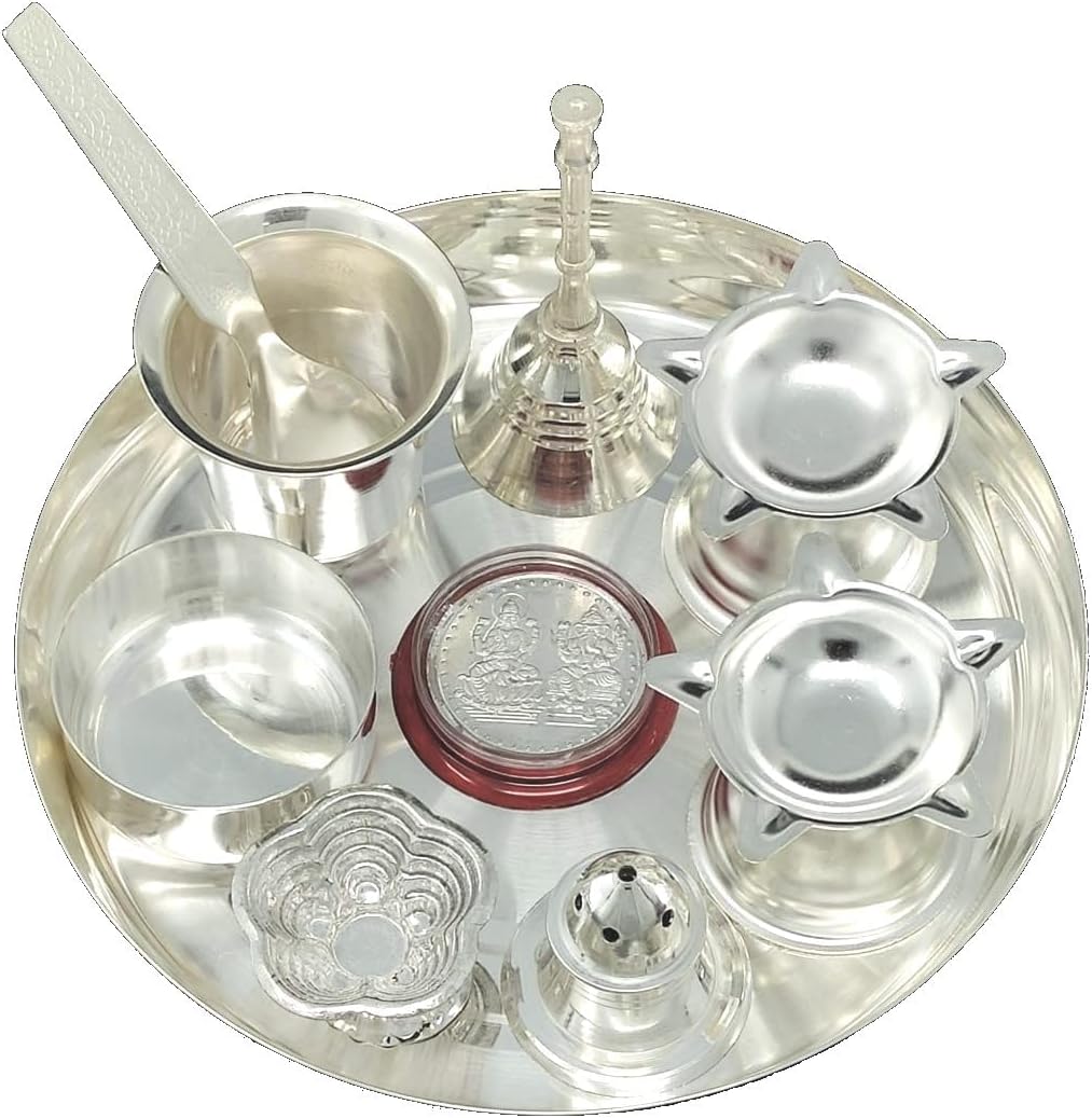 Silver Plated Pooja Thali Set Small 6 Inch Premium Puja Decorative for Home Mandir Office Wedding Return Gift Items