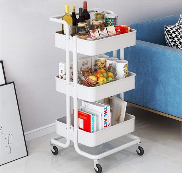 Storage Trolley Cart,3-Tier Storage Cart,Multi-Purpose Trolley Organizer Cart with Casters,Rolling Cart Metal Utility Cart,Organizer Trolley on wheels for Bathroom,kitchen, Bedroom Storage (White)