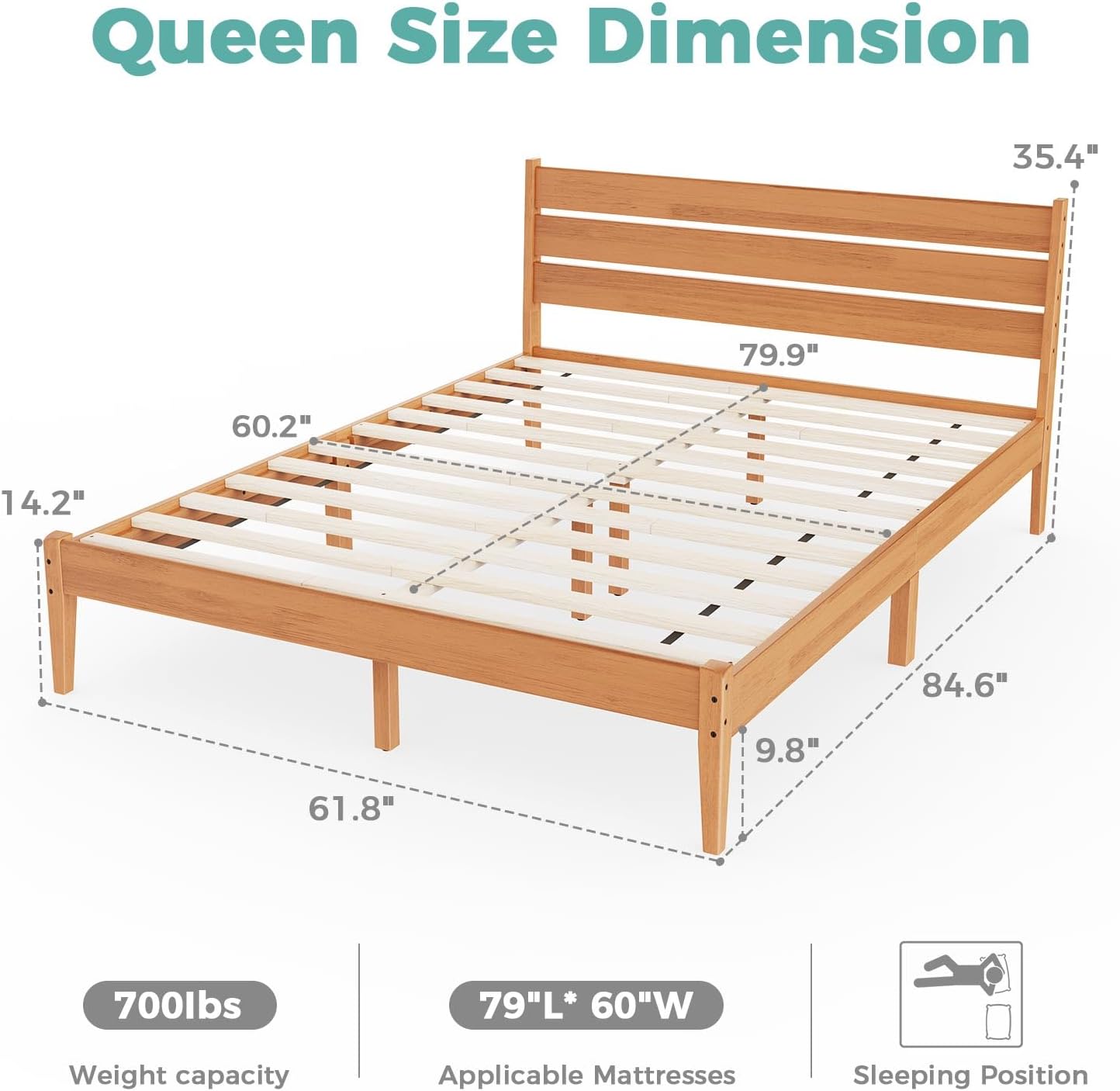 Solid Wood Queen Bed Frame, Malaysian Oak Platform Bed with Ladder Headboard, Modern Bedframe with Elevated Bed Legs, No Box Spring Needed, Noise-Free, Queen Size, Rustic Pine