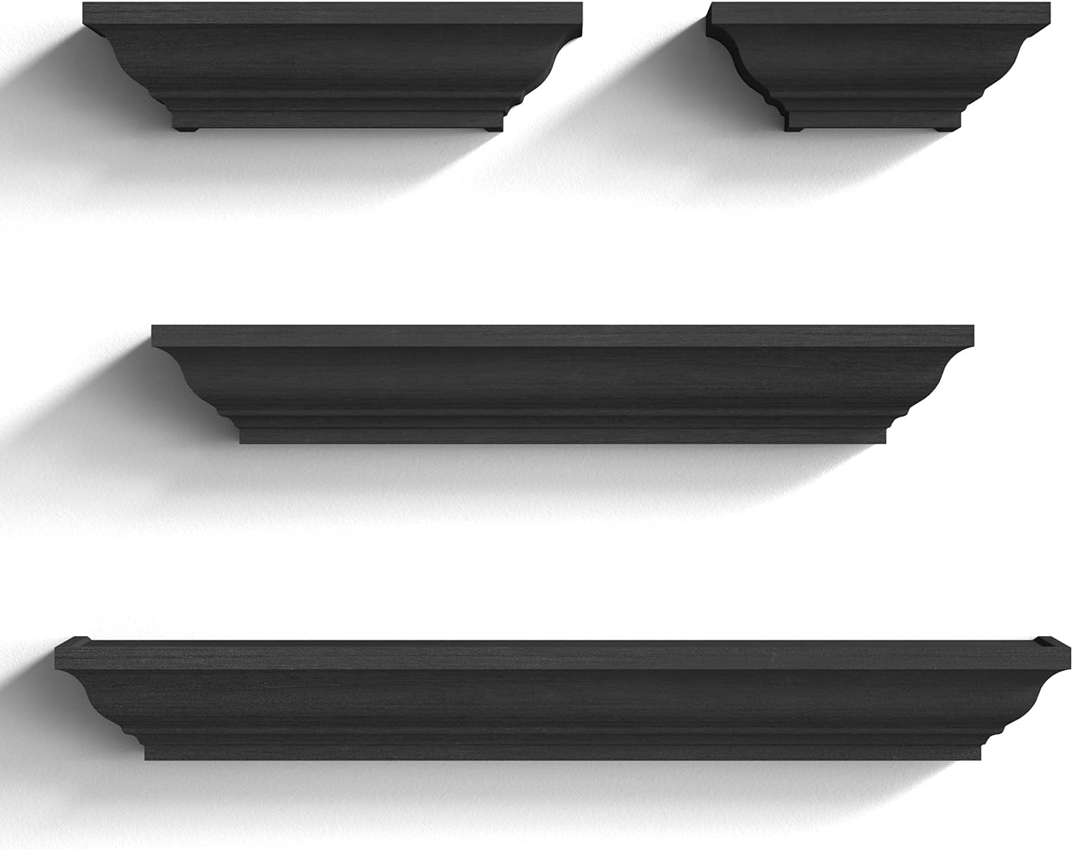 SRIWATANA Black Floating Shelves, Solid Wood Storage Wall Shelves Set of 4 Display Ledge Shelves Decor for Bedroom, Living Room, Bathroom, Kitchen - Black