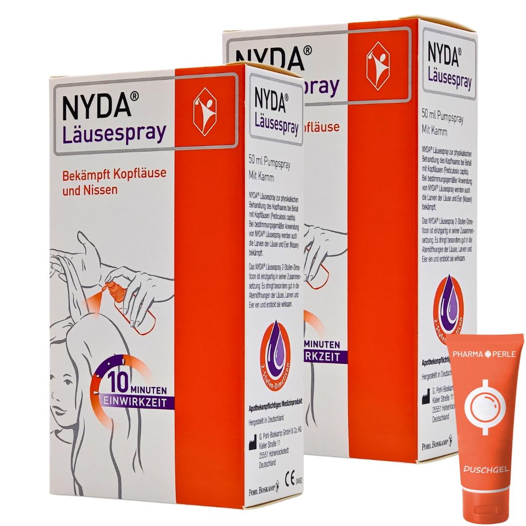 NYDA Läusespray gegen Kopfläuse und Nissen, 10 Minuten Einwirkzeit, inklusive Läusekamm, für Babys, Schwangere und Stillende I Sparset mit Duschgel von Pharma Perle (2 x 50 ml)