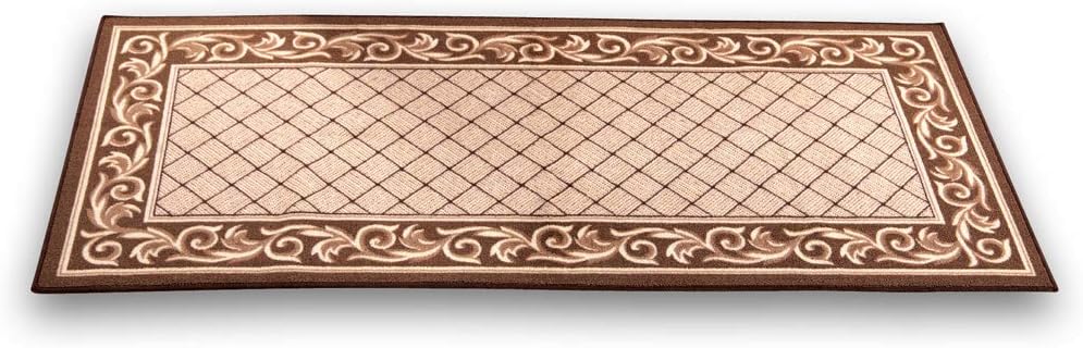 Collections Etc Floral Scroll Basket Weave Rug with Skid-Resistant Backing, Chestnut, 26" X 120"