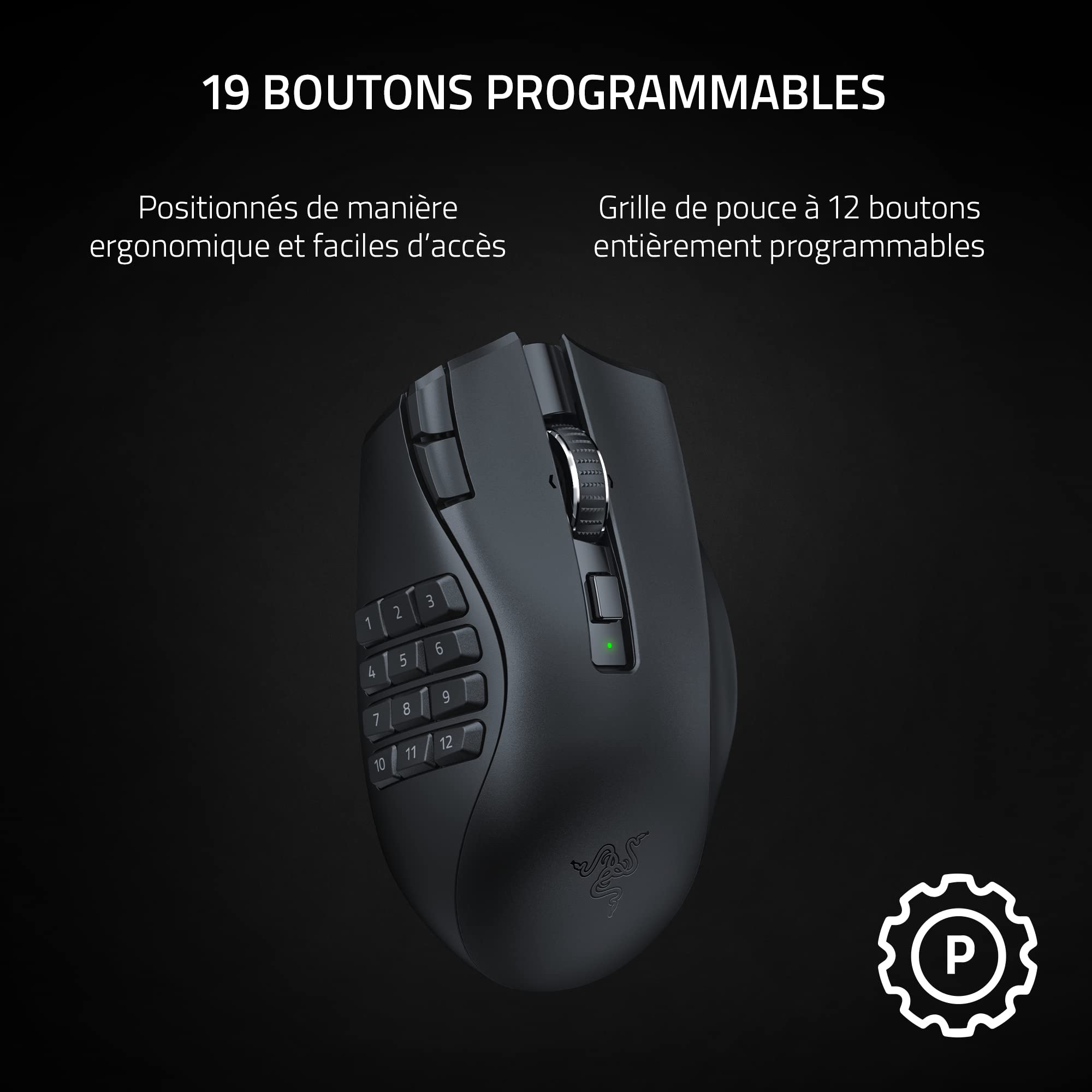 Razer Naga V2 HyperSpeed - Souris de Jeu MMO sans Fil Ergonomique (avec 19 Boutons programmables, sans Fil HyperSpeed (2,4 GHz), Bluetooth, jusqu'à 250 Heures, capteur Optique Focus Pro 30K) Noir