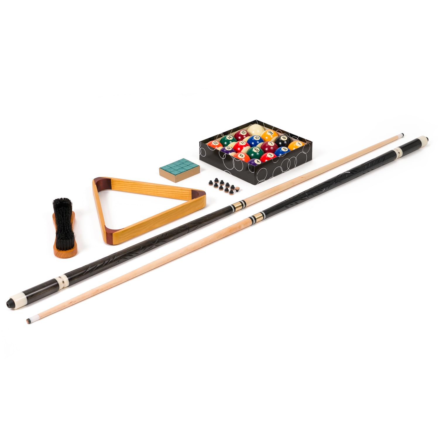 Stradivari Billard Equipment Set | Queue Set mit Kugeln, Dreieck, Kreide, Bürste und 10 Ersatzleder | Hochwertige Ausführung | Schwarz | Vielseitiges Zubehör