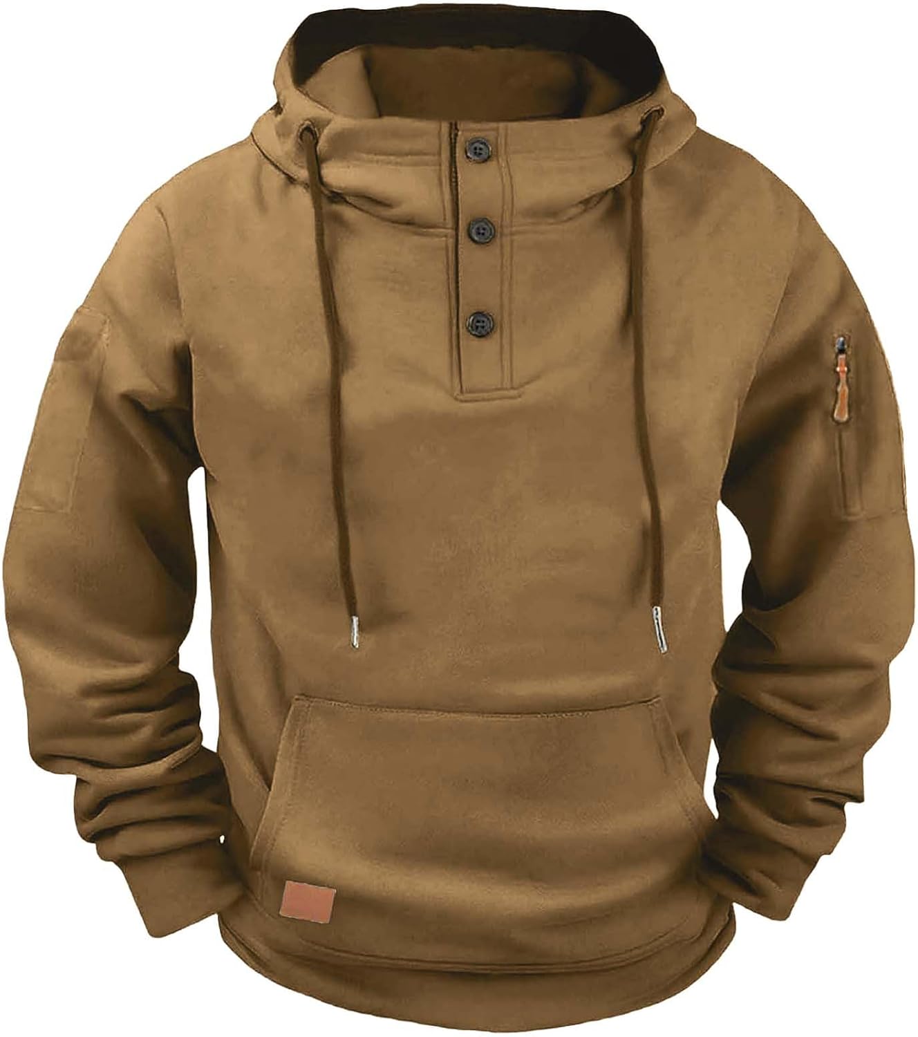 Men's Button Neck Hoodie Utility Pocket Casual Pullover Top | Button V Neck Hoodie With Drawstring Hood, Kangaroo Pocket, And Sleeve Zip Pocket For Casual Travel Layering
