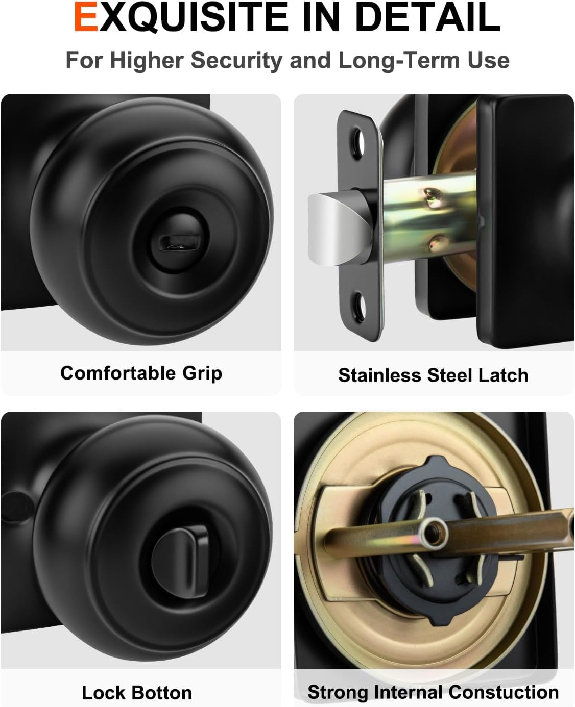 Haidms Matte Black Door Knobs Interior, Square Bedroom Door Knob Bathroom, Black Interior Door Knobs Round Ball with Square Plate Coin Unlock 6 Pack