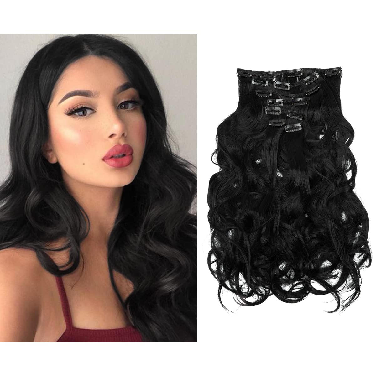 SARLA Black Clip in Hair Extensions 7 Pcs Full Head