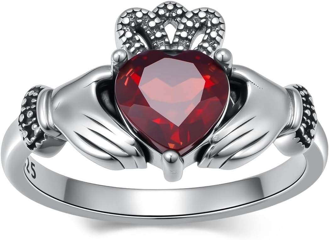 Natural Garnet Claddagh Ring for Women 925 Sterling Silver 1.25 ct. Genuine Garnet Jewelry Gifts for Mom Wife Grandma Girlfriend