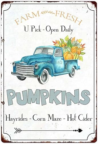Letrero de metal con diseño de calabaza fresca de granja, hayrides, laberinto de maíz, sidra caliente, parche de calabaza, letrero rústico, regalo