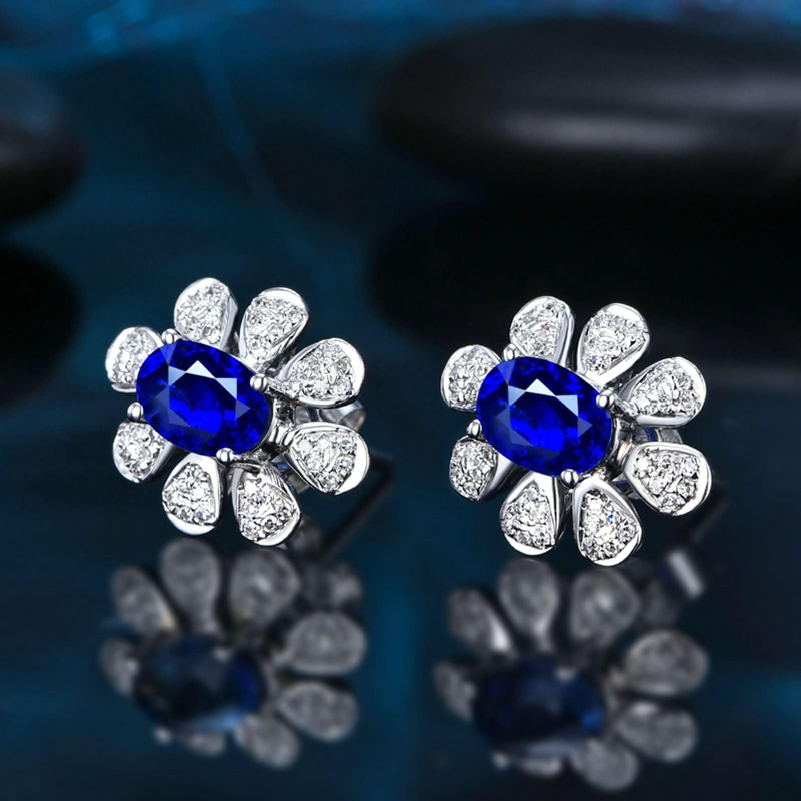 9K / 14K / 18K / 18 Kt Białe Złoto Ślubne Kolczyki Damskie Kwiat Owalny 1,2 CT Szafir Diament Kolczyki Kolczyki Kobiet Niebieski Srebrny