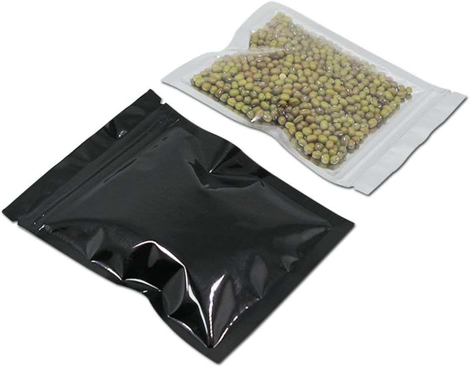 PABCK 100 Pack 4x5 inch(Inside Size 3.5x3.9 inch) Glossy Black Front Window Resealable Foil Zipper Lock Pouch for Zip Reclosable Lock Food Storage Bags Heat Seal Pouch Airtight Edible Grocery Pack