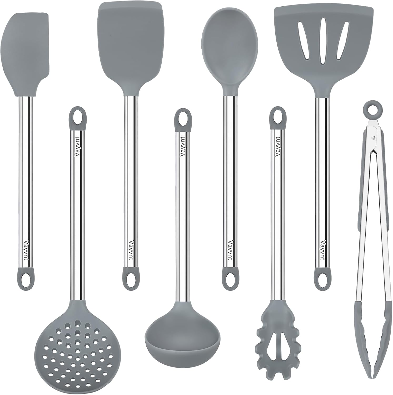 8 PCS Cooking Utensils Set, Vayvnt Silicone Kitchen Spatula Set for Cooking, Non Toxic Silicone Kitchen Utensils with Stainless Steel Long Handle, Spoon and Tong, Heat Resistant&Dishwasher Safe, Gray 8 PCS Cooking Utensils Set, Vayvnt Silicone Kitchen Spatula Set for Cooking, Non Toxic Silicone Kitchen Utensils with Stainless Steel Long Handle, Spoon and Tong, Heat Resistant&Dishwasher Safe, Gray