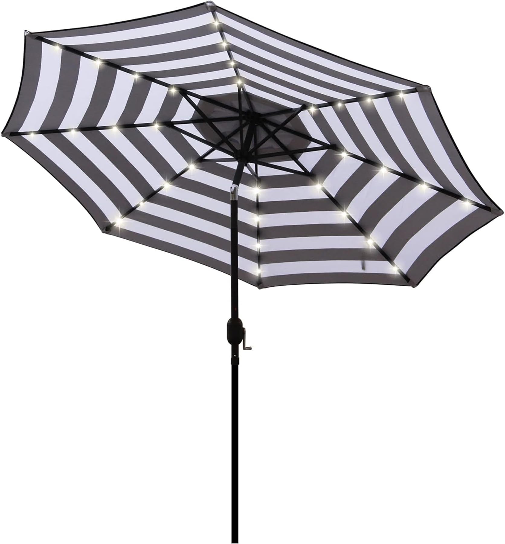 Blissun 9 ft Solar Umbrella 32 LED Lighted Patio Umbrella Table Market Umbrella with Tilt and Crank Outdoor Umbrella for Garden, Deck, Backyard, Pool and Beach (Black and White)