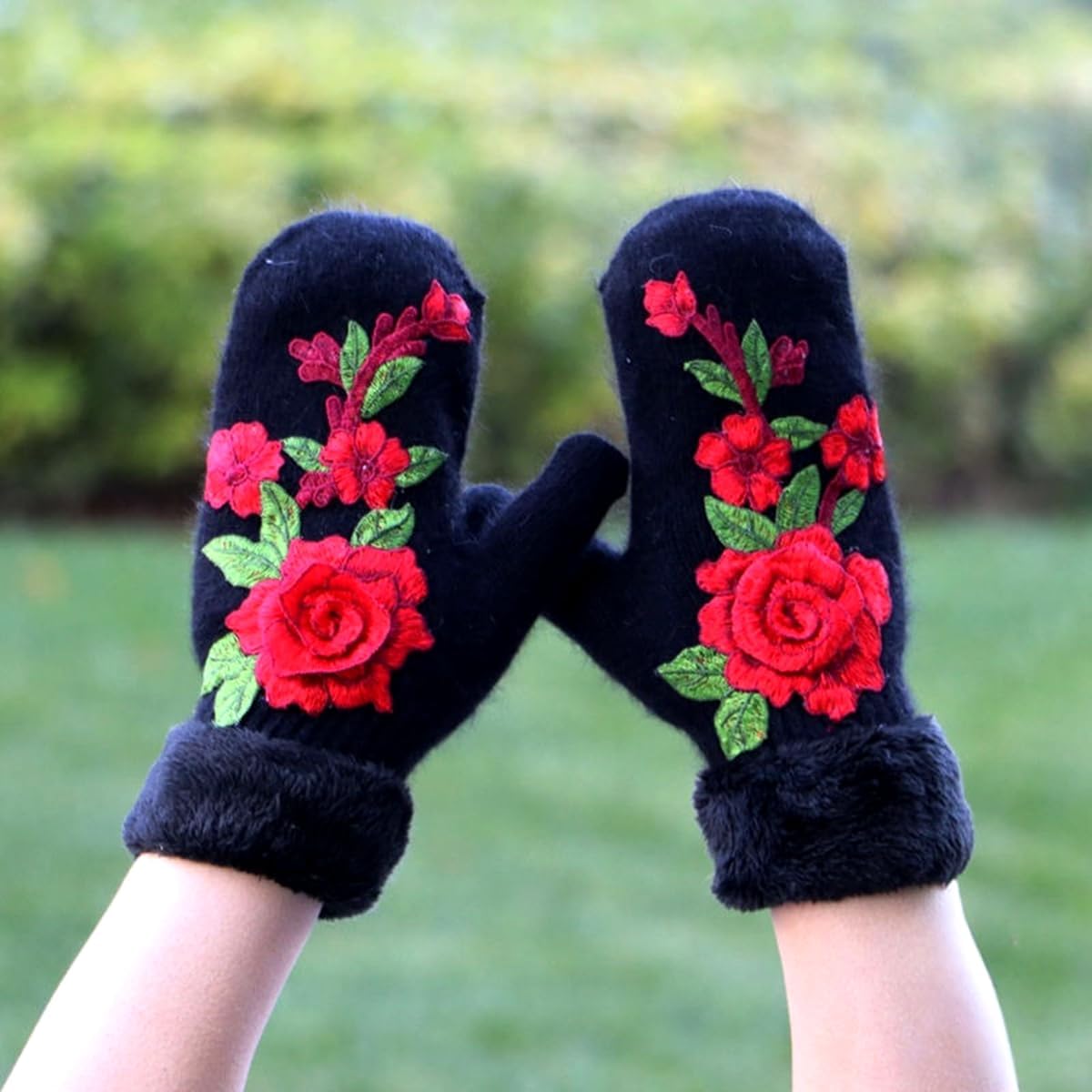 Specell Women's Winter Warm Gloves with Floral Embroidery Warm Fleece Lining Knit Mittens, Windproof Warm for Cold Weather.