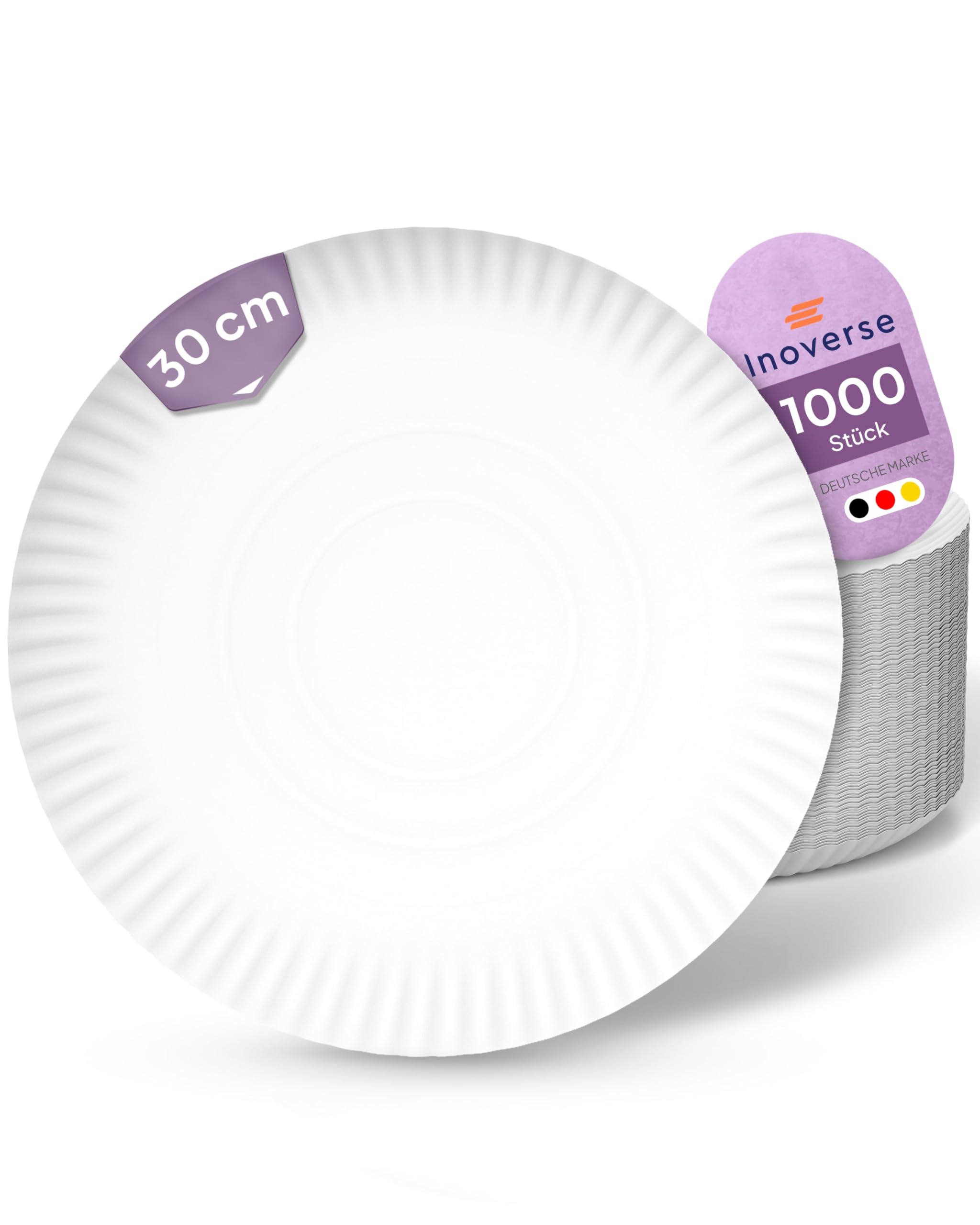 Inoverse 1000 sztuk białych talerzy papierowych – okrągłe 30 cm – przyjazne dla środowiska talerze jednorazowe z kartonu, naczynia na imprezę, talerze do ciasta, naczynia jednorazowe