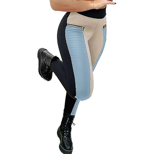 Flamingals Faux Leather Mid Waisted Tummy Control Motorcycle Leggings for Women Stretchy with Pockets Patch Zip