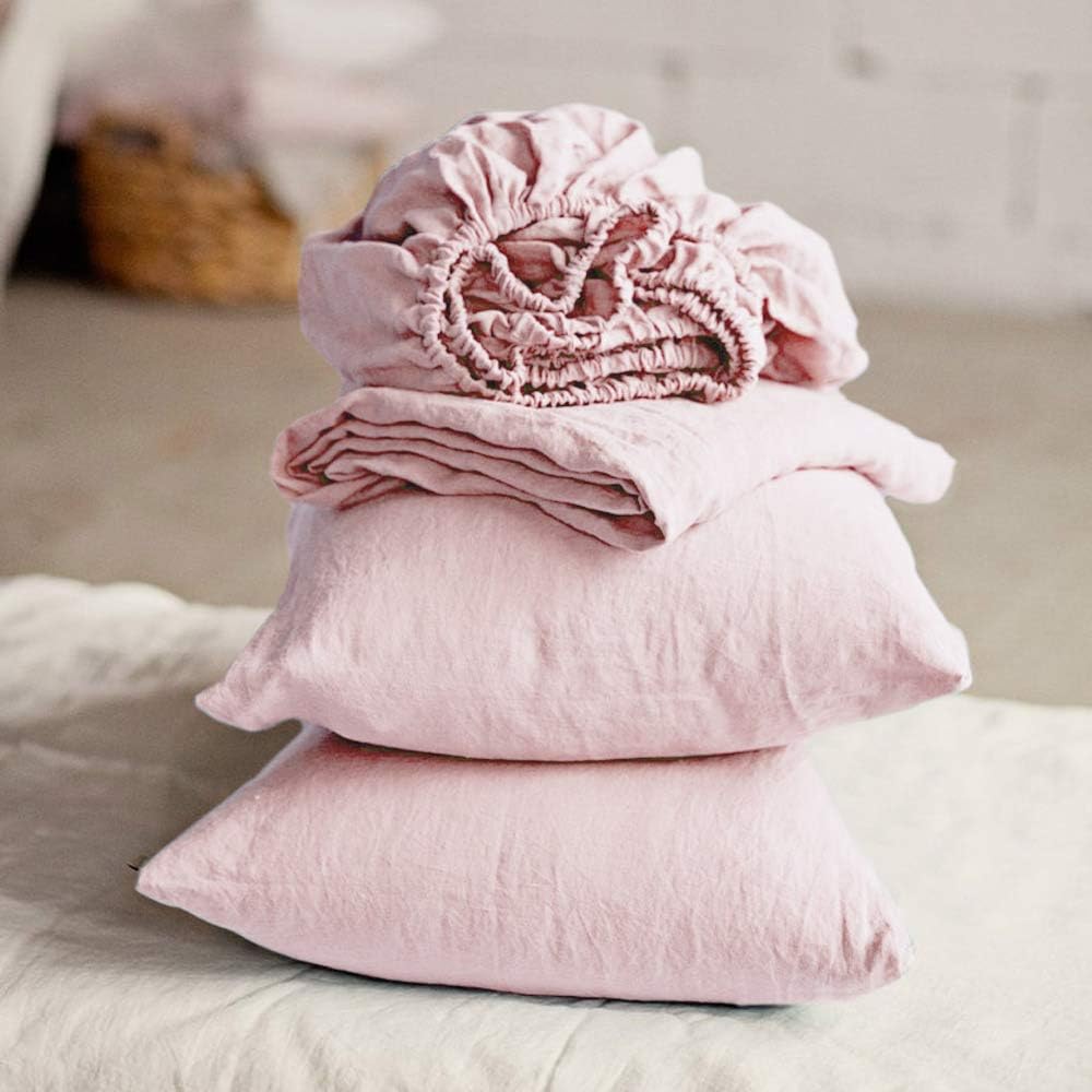 LAUSONHOUSE Linen Sheet Set King Size,Luxurious 100% French Linen Sheet Set,Deep Pocket,4 Pieces Breathable Bedding Set - King Light Pink