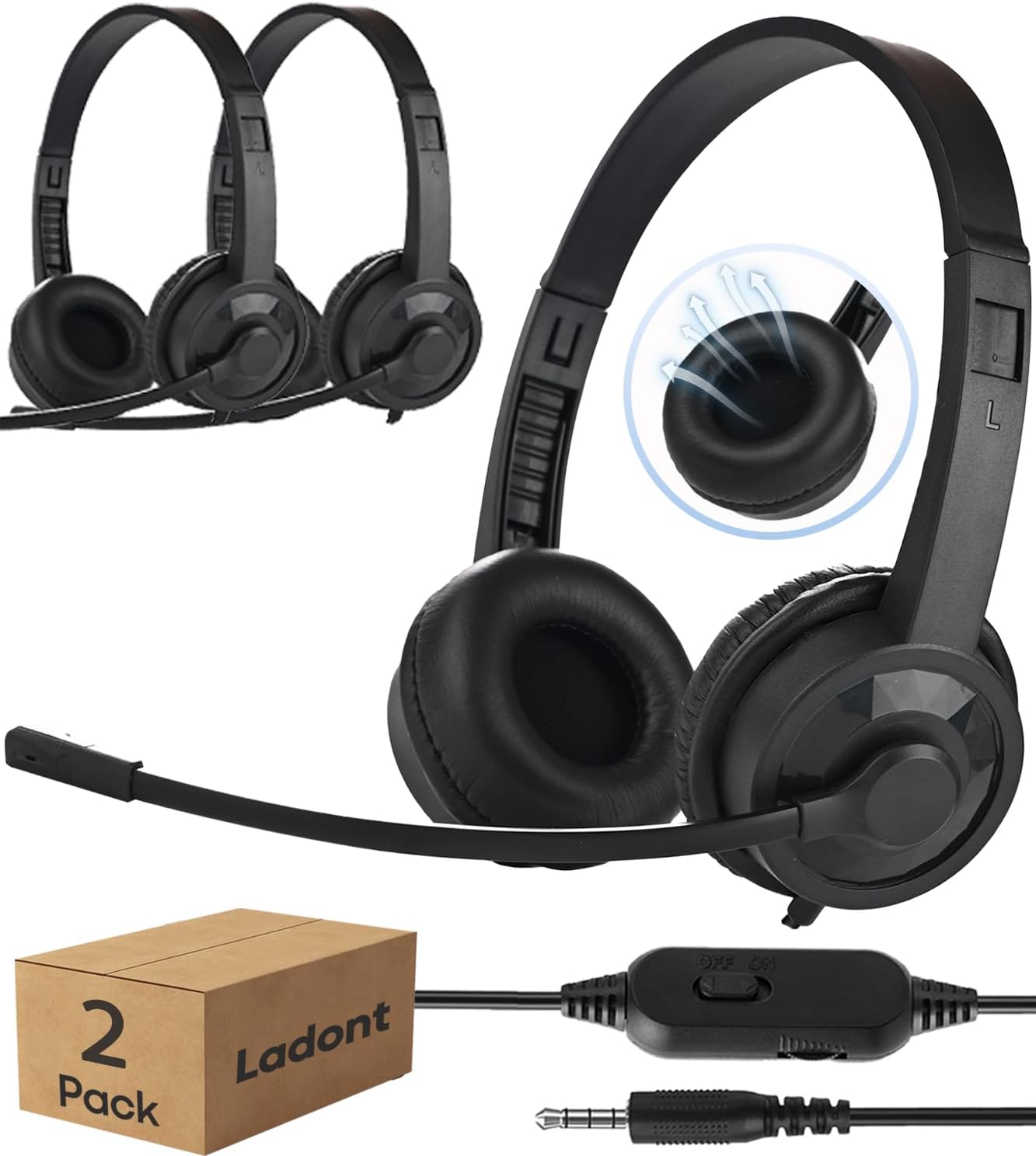 2 Pack Kids Headphones with Microphone for Classroom School Student K-12, 3.5mm Jack Wired Headset with Microphone for Laptop Chromebook Computer PC-Black