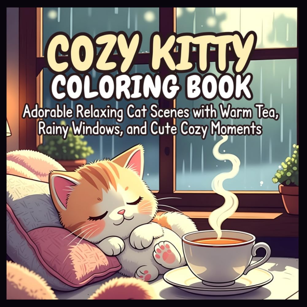 Cozy Kitty Coloring Book: Adorable Relaxing Cat Scenes with Warm Tea, Rainy Windows, and Cute Cozy Moments – Simple Bold Coloring Pages for Kids and Adults