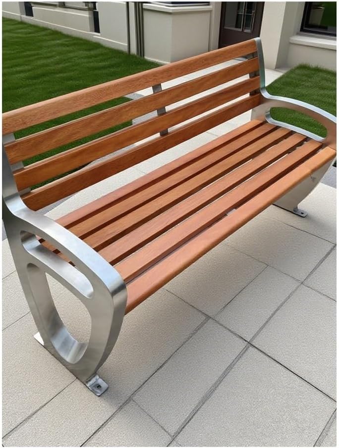 Outdoor Bench, Stainless Steel Outdoor Bench with Teak Wood Seat, Backrest Park Bench for Public Spaces Garden Bench