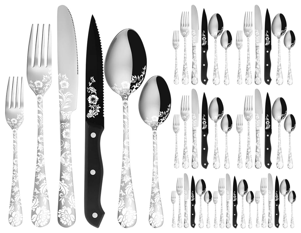 XIAOYU Juego de Cubiertos de 48 Piezas con Cuchillos para Carne, Juego de Cubiertos de Acero Inoxidable para 8 Personas, Juego de Cucharas, Tenedores y Cuchillos con láser único de Flor de peonía